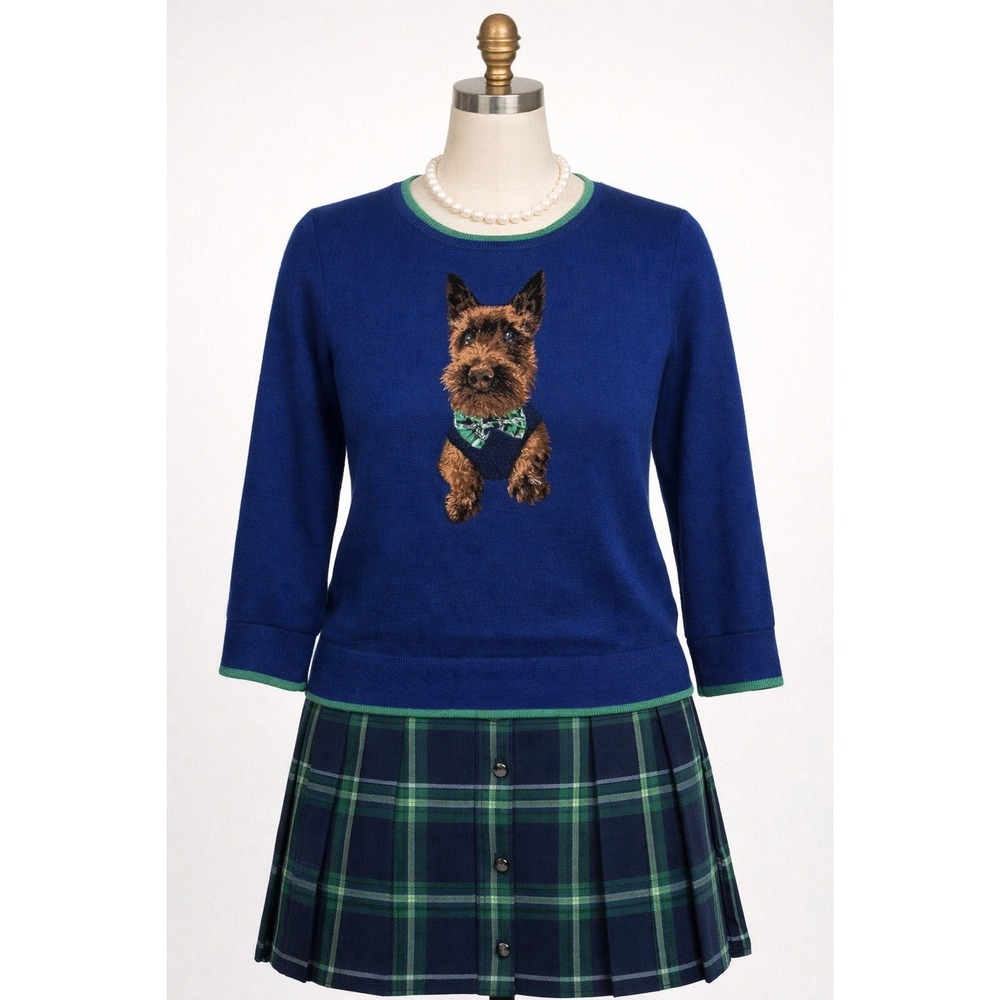 VTG Scottie‎ Dog Intarsia Sweater S Blue Cotton Knit Pullover Novelty Jumper